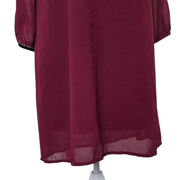 Lulus Burgundy V-Neck Shift Dress Small Sheer Sleeves Lined - Picture 8 of 13